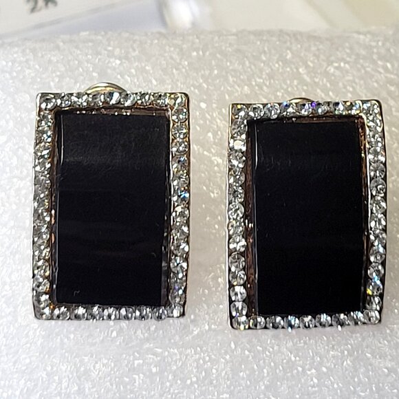 Black and Silver Crystal Rectangular Earrings - Picture 1 of 11